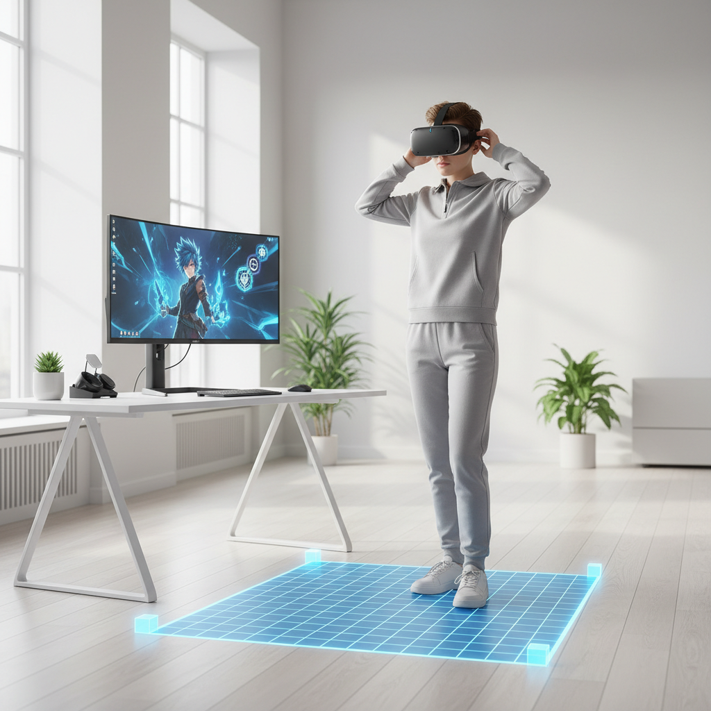 Player adjusting VR headset fit and boundary setup before playing an anime-style VR game