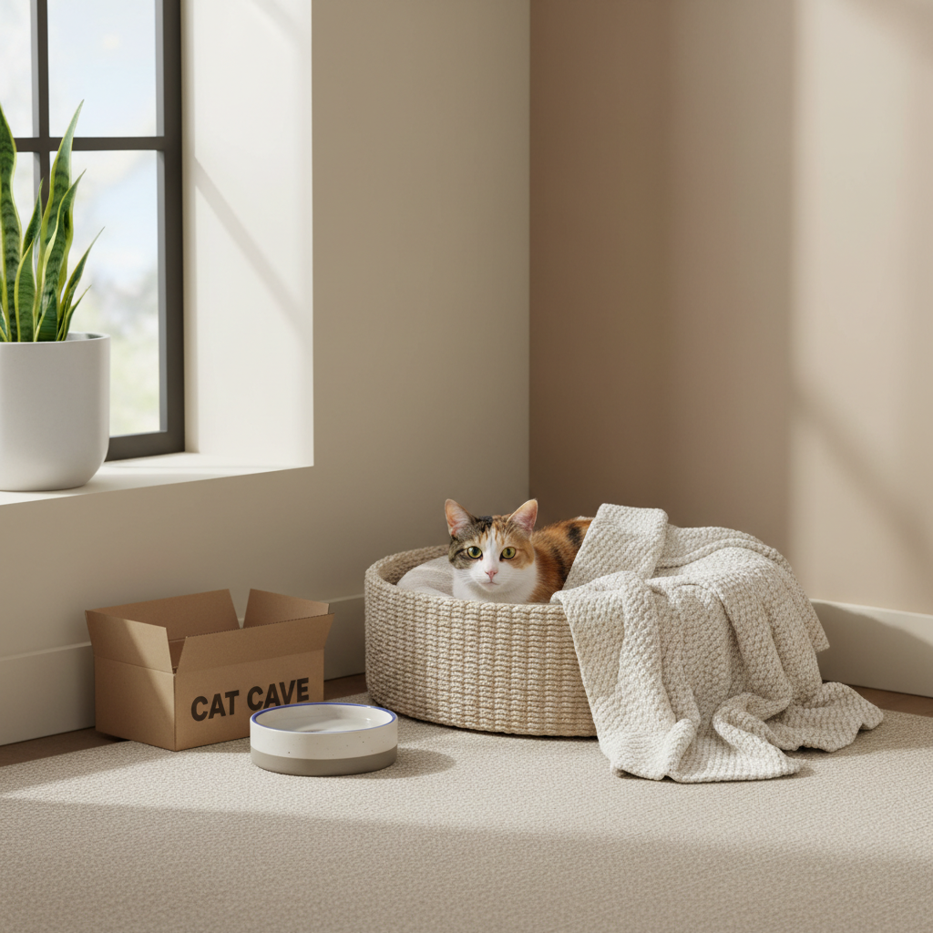 Nervous cat resting in a quiet safe room setup