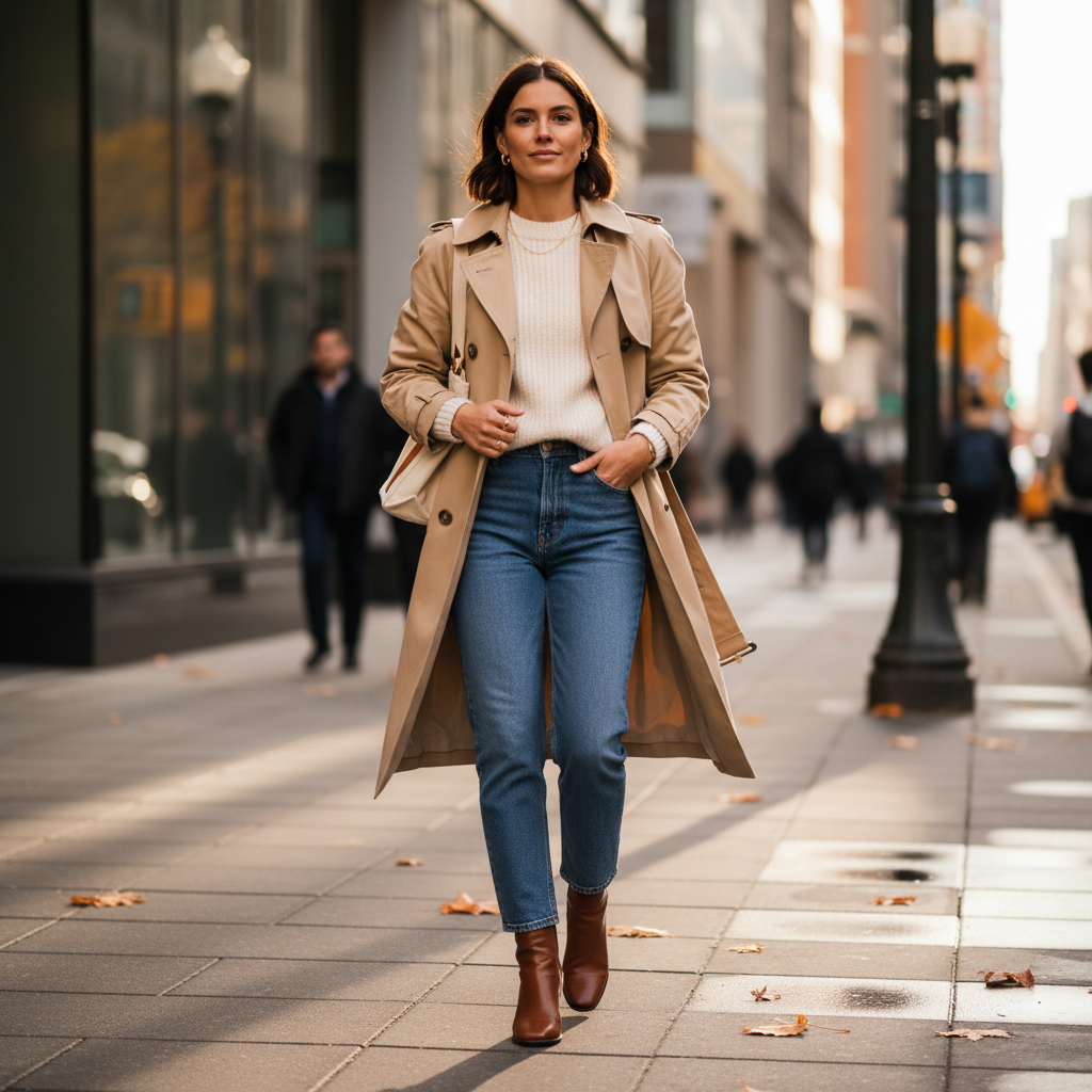 Street style look featuring trench coat, knit sweater, straight jeans, and ankle boots