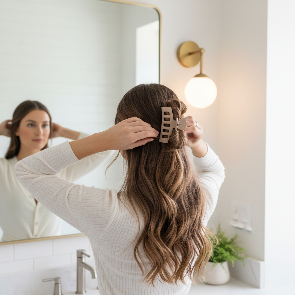 Woman styling a twist with a matte claw clip for an all-day hold