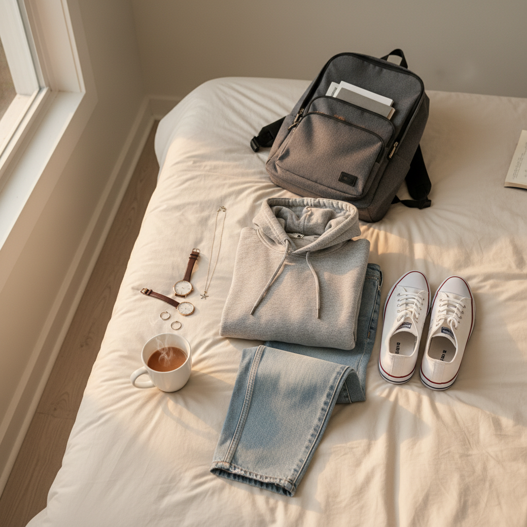 Teen girl school outfit essentials laid out on bed: jeans, hoodie, sneakers, backpack