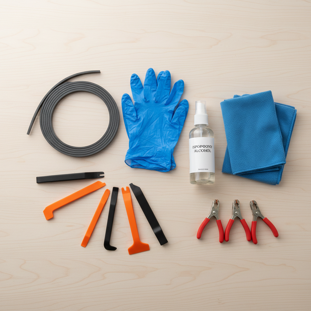 Butyl headlight sealant rope and basic prep tools laid out for resealing