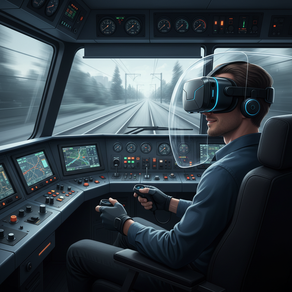 VR train simulator cockpit view with realistic controls