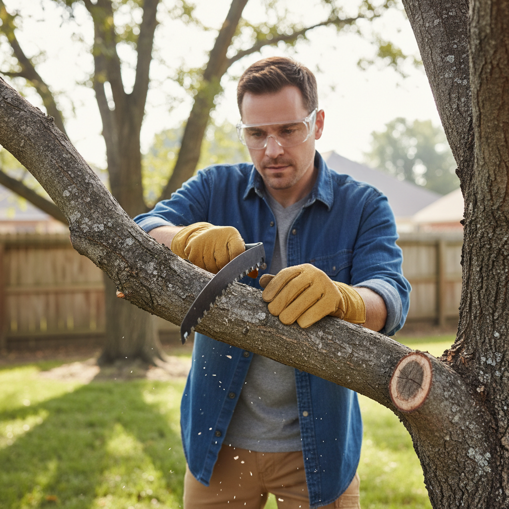 Pruning saw cutting a thick tree branch safely in a backyard