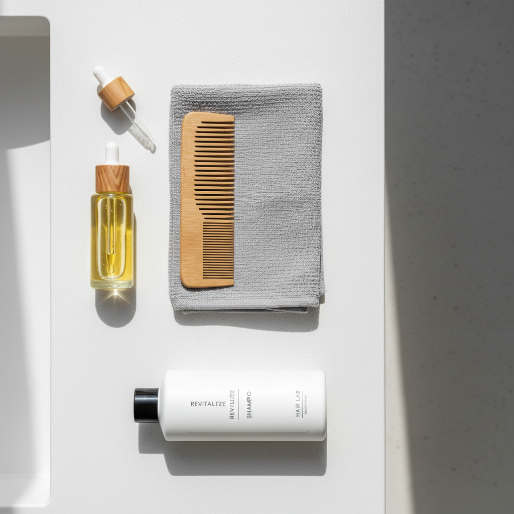 Simple hair oil routine steps for scalp and ends in a bathroom setting