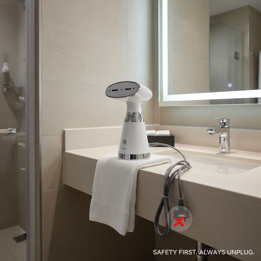 Travel steamer safety setup near a bathroom sink with towel and unplugged cord
