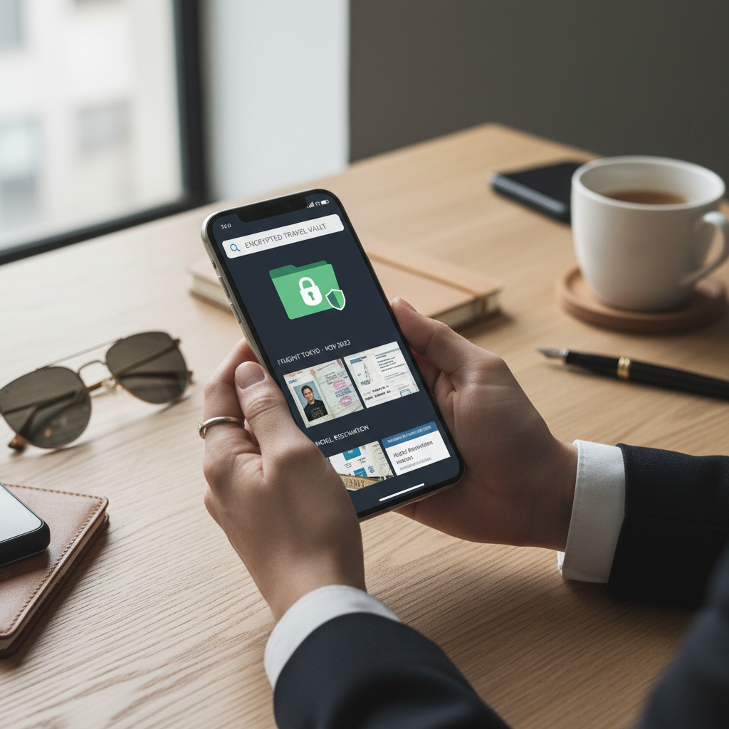 Phone showing encrypted cloud folder with passport scan and travel documents