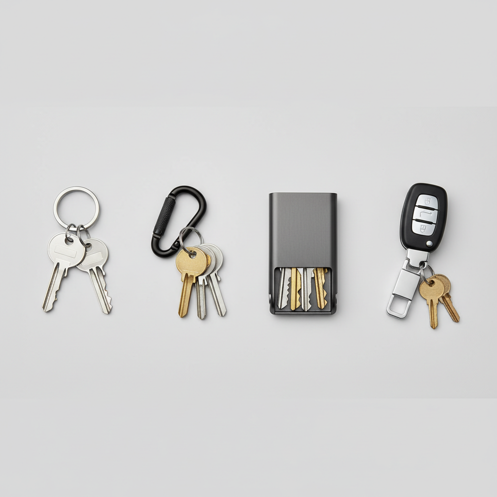 Different keychain styles: split ring, carabiner, stacked key organizer, and quick release