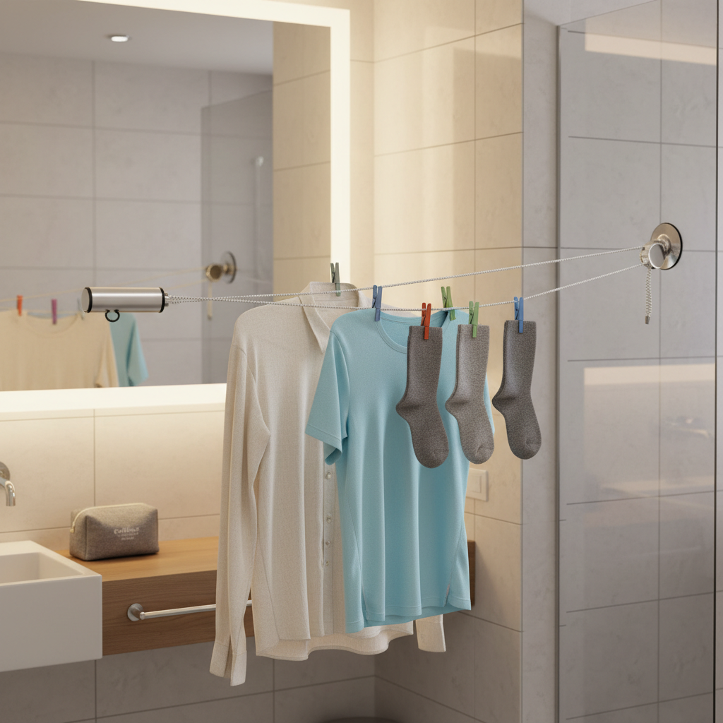 Portable travel clothesline set up in a hotel bathroom for drying laundry