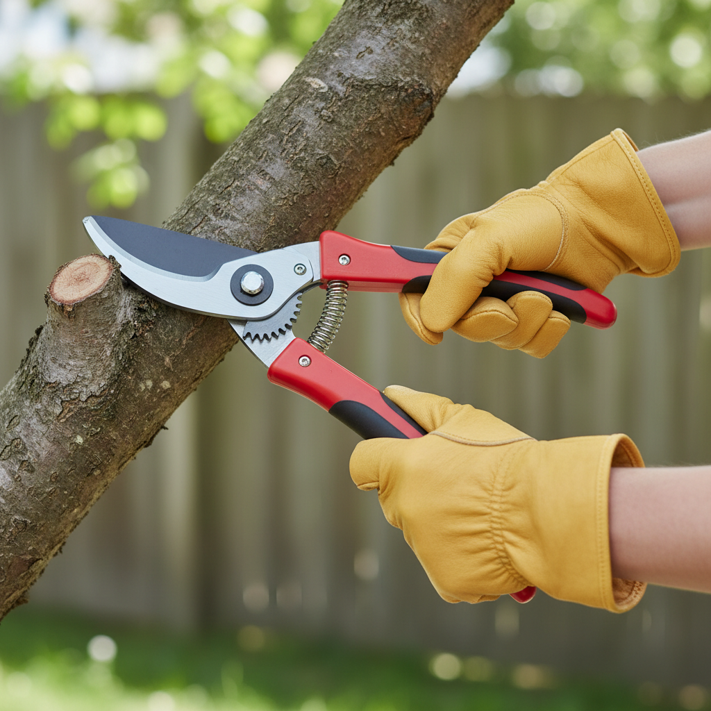 Proper lopper cutting angle on a thick tree branch near the branch collar