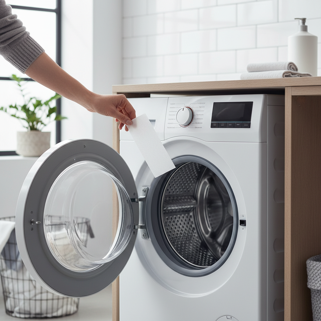 Detergent sheet being placed into a washing machine drum for travel laundry