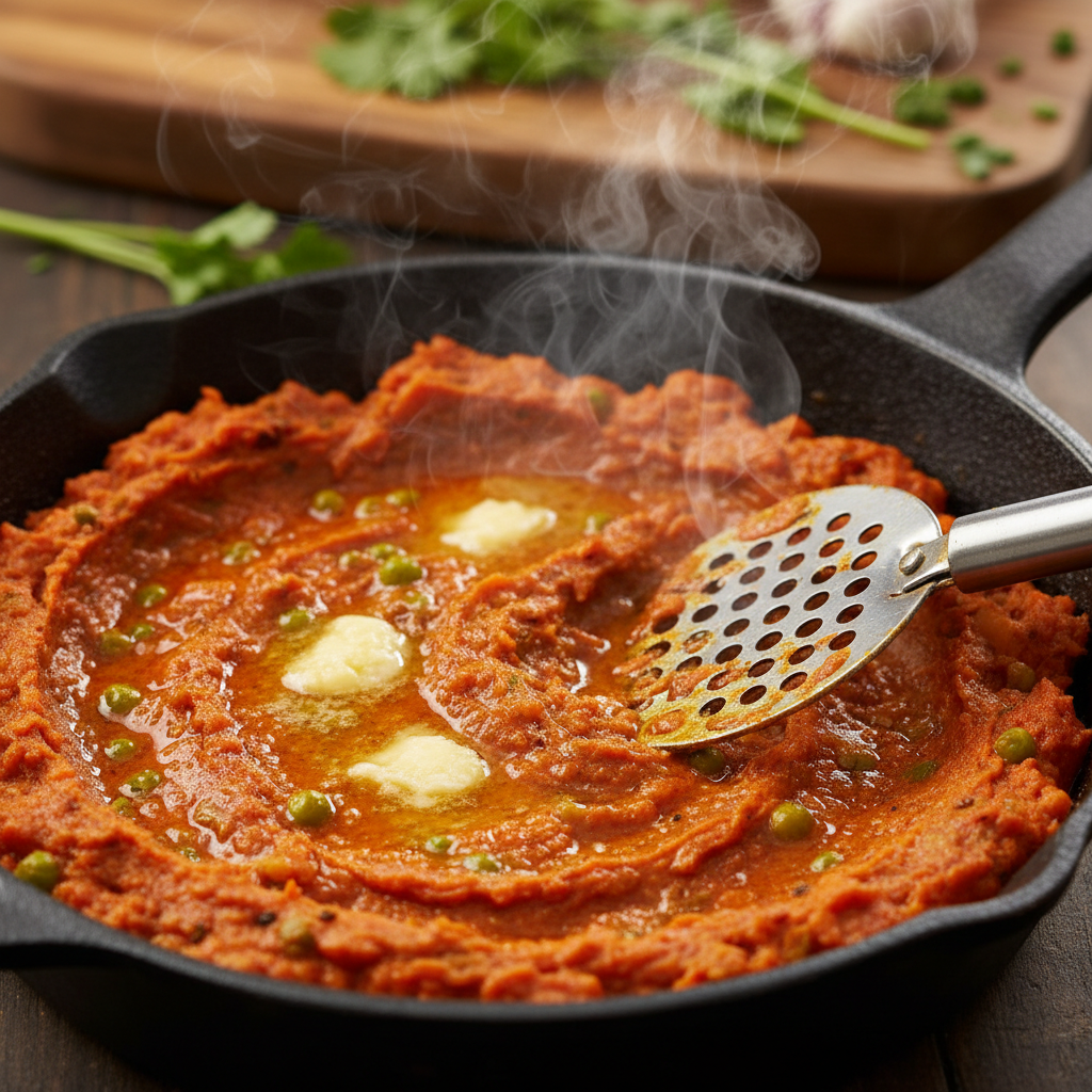 Mashed bhaji simmering with butter and spices in a cast iron skillet