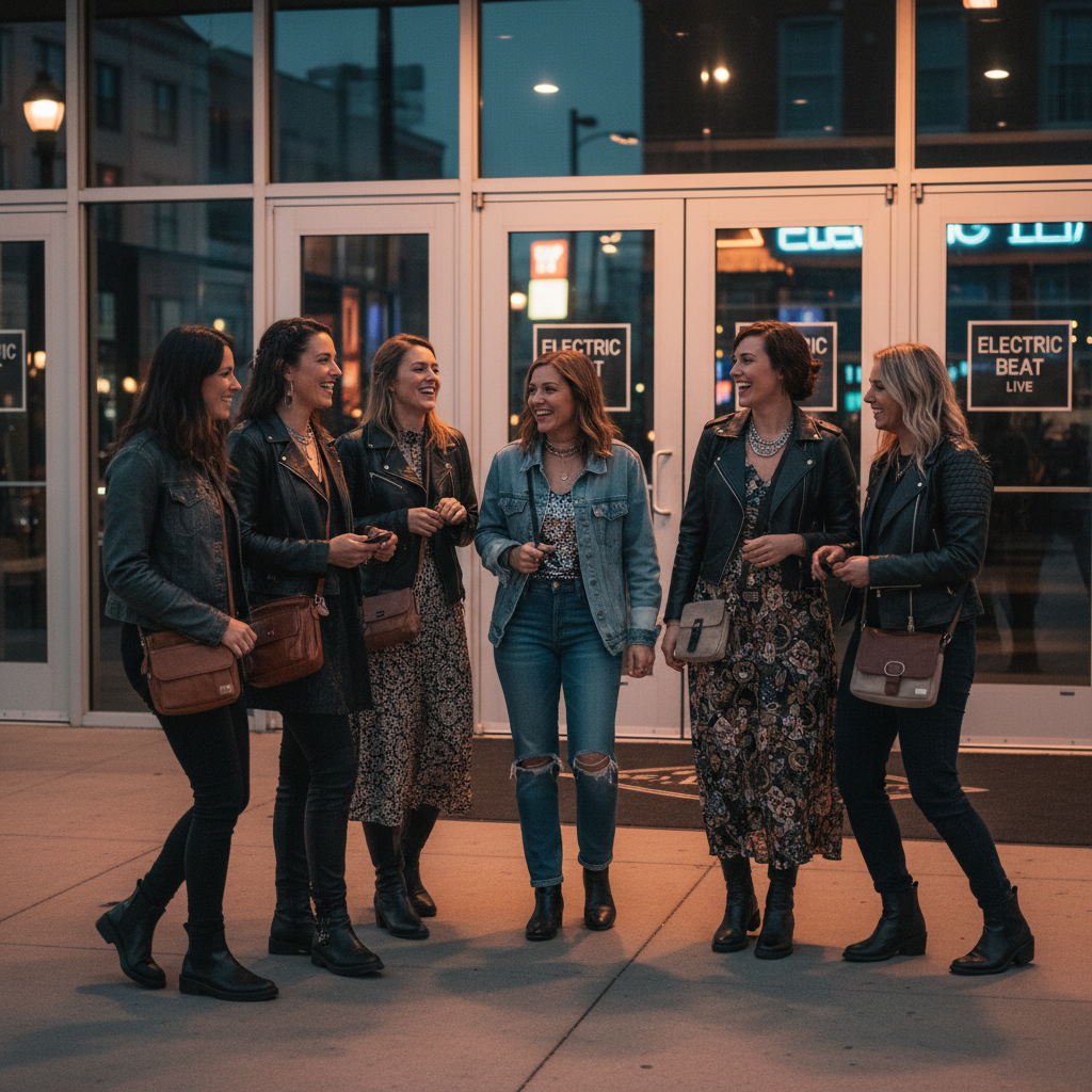 Women wearing stylish practical concert outfits outside a venue