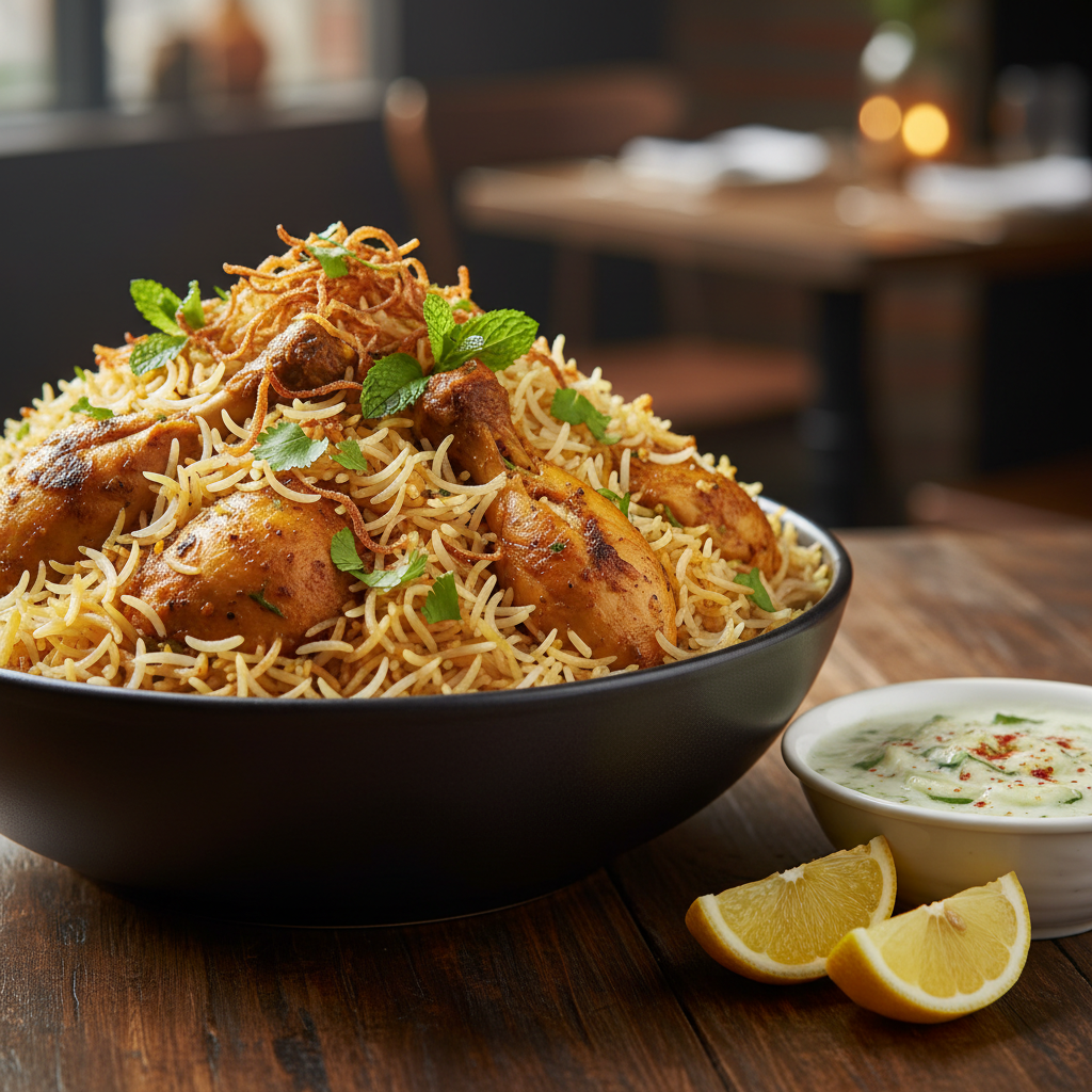 Finished chicken biryani served with raita and herbs