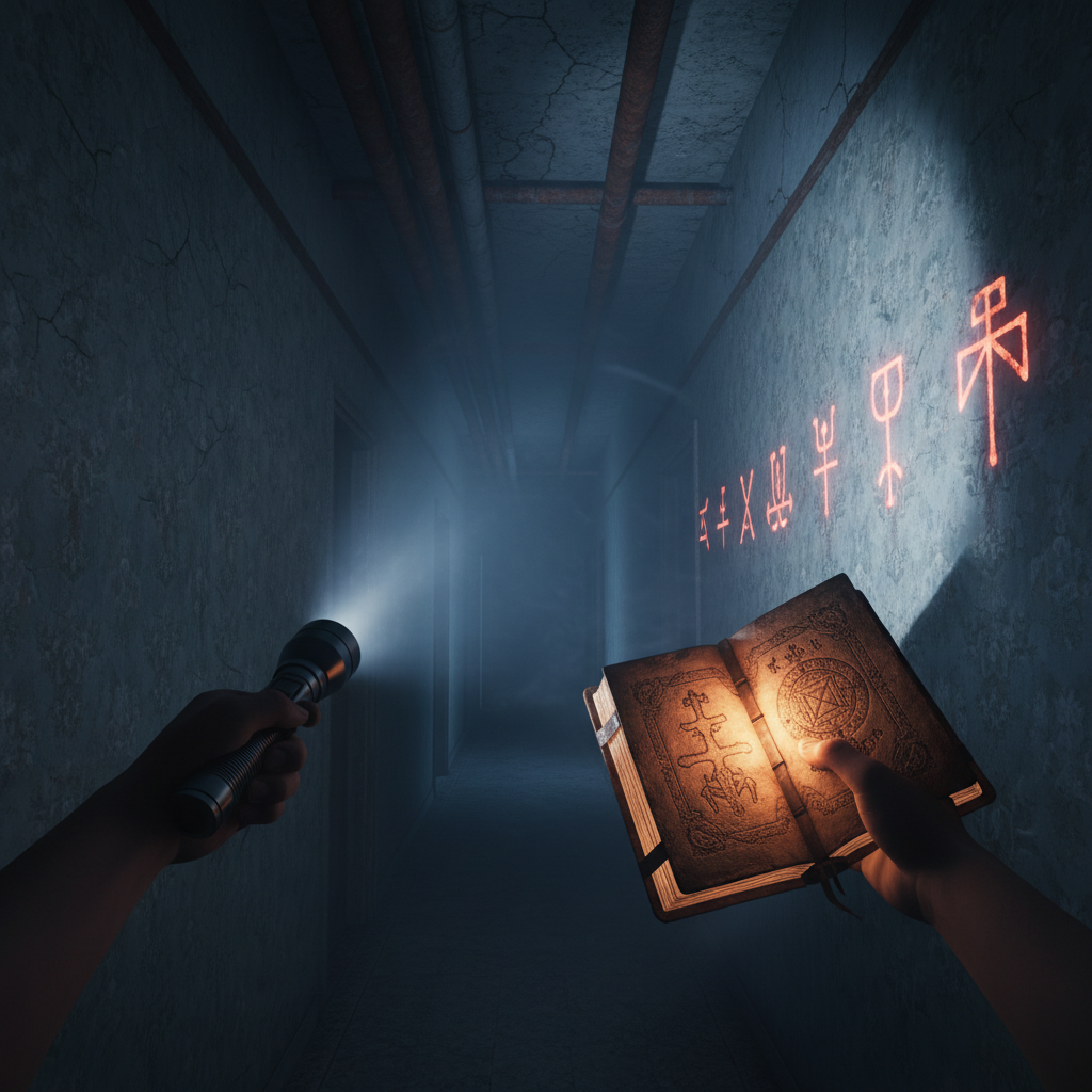 VR horror exorcism gameplay scene with ritual symbols and a flashlight