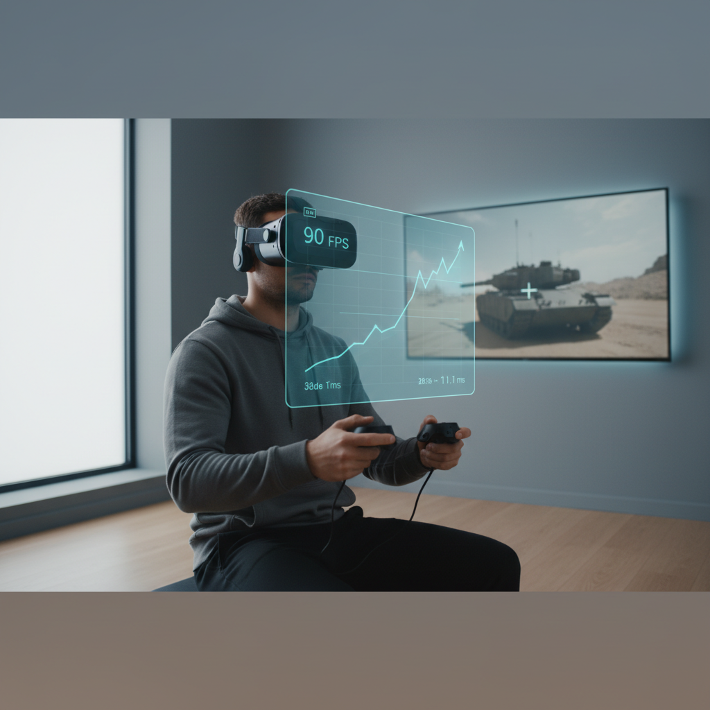 VR performance overlay showing stable frame time while operating a tank turret