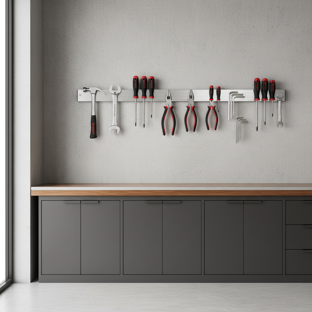 Magnetic tool strip mounted above a workbench with hand tools organized