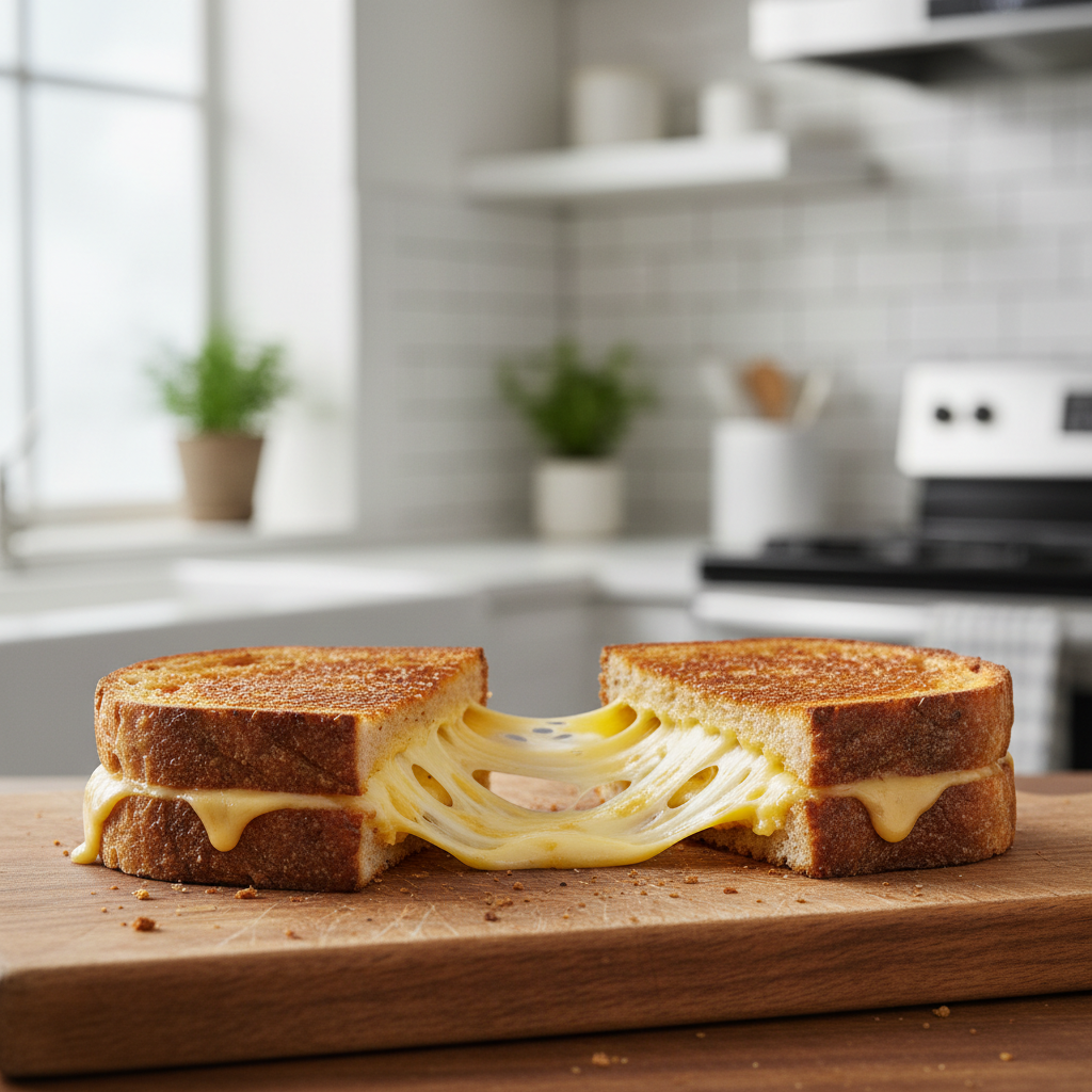 Crispy grilled cheese sandwich cut in half with melted cheese pull