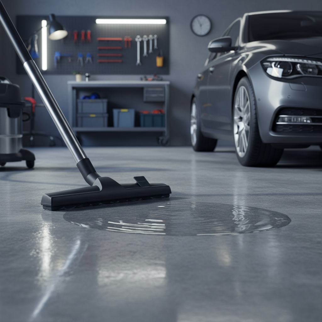 Detail of wet pickup squeegee tool on a wet dry vacuum in a garage
