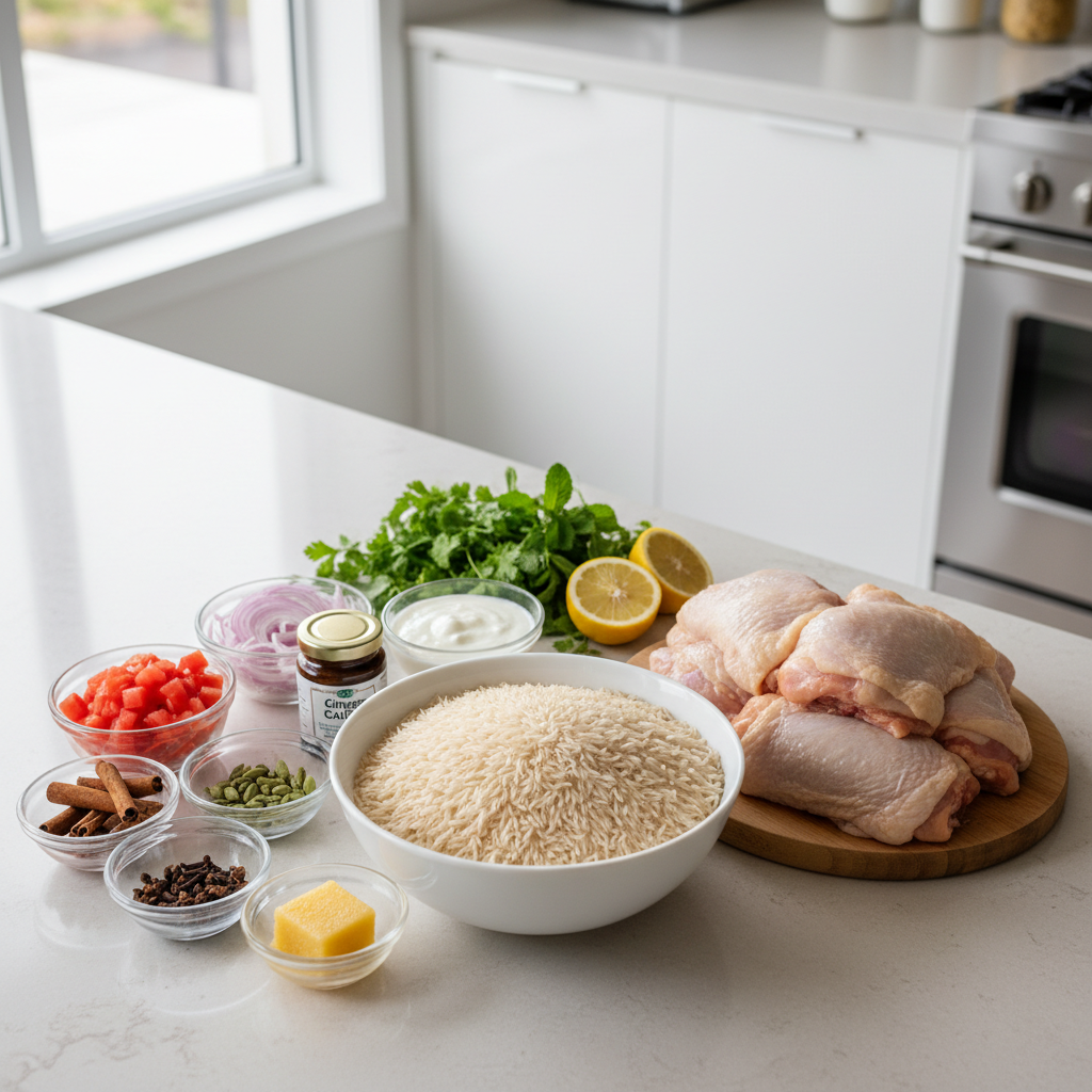 Easy chicken biryani ingredients on a kitchen counter