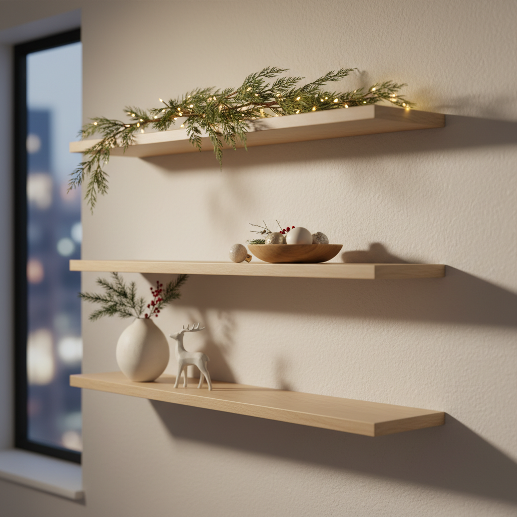 Minimal Christmas decor on small apartment shelves with garland, lights, and neutral ornaments