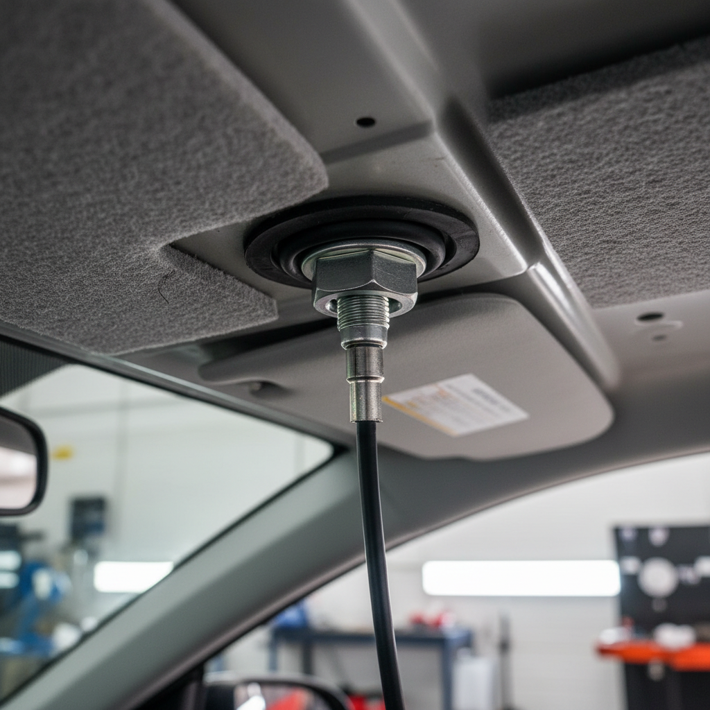Close-up of car antenna base gasket and coax connector under headliner