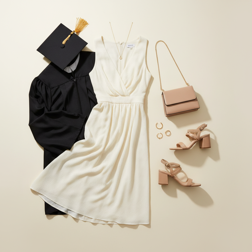 Graduation outfit flat lay with dress, shoes, and accessories styled for a ceremony