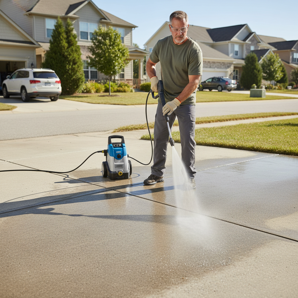 Beginner rinsing a driveway with a wide fan nozzle and consistent overlap