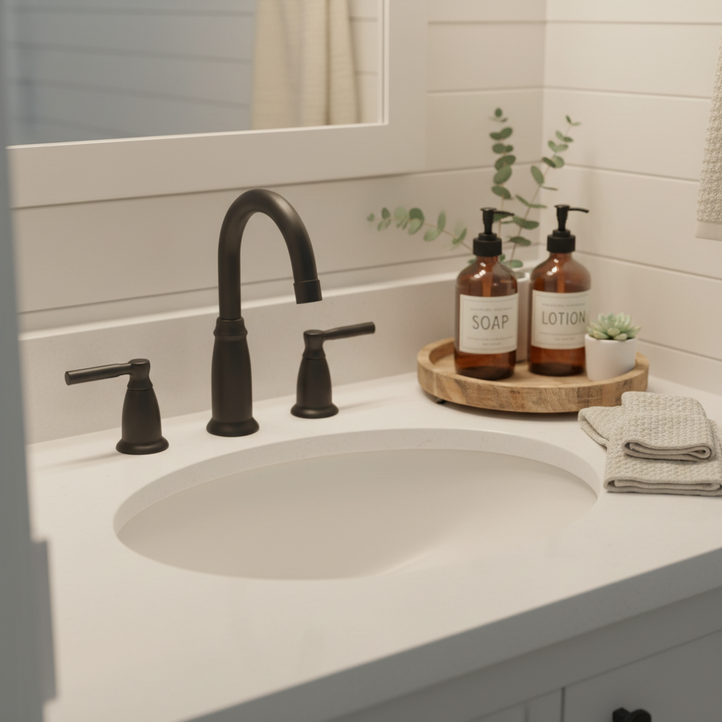 Small farmhouse bathroom vanity with amber bottles, tray, and minimal decor for a clean counter