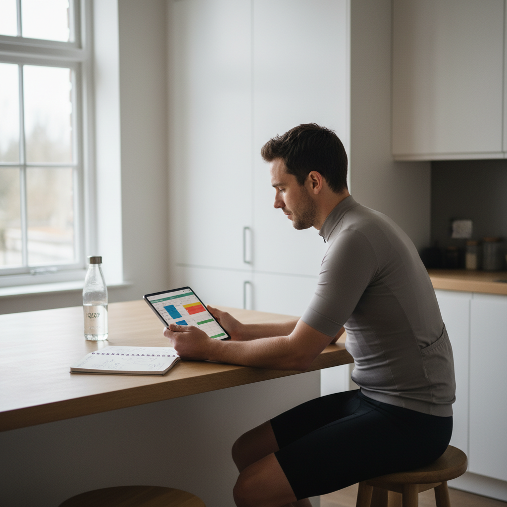 Cyclist reviewing training plan and recovery notes to avoid overuse knee pain