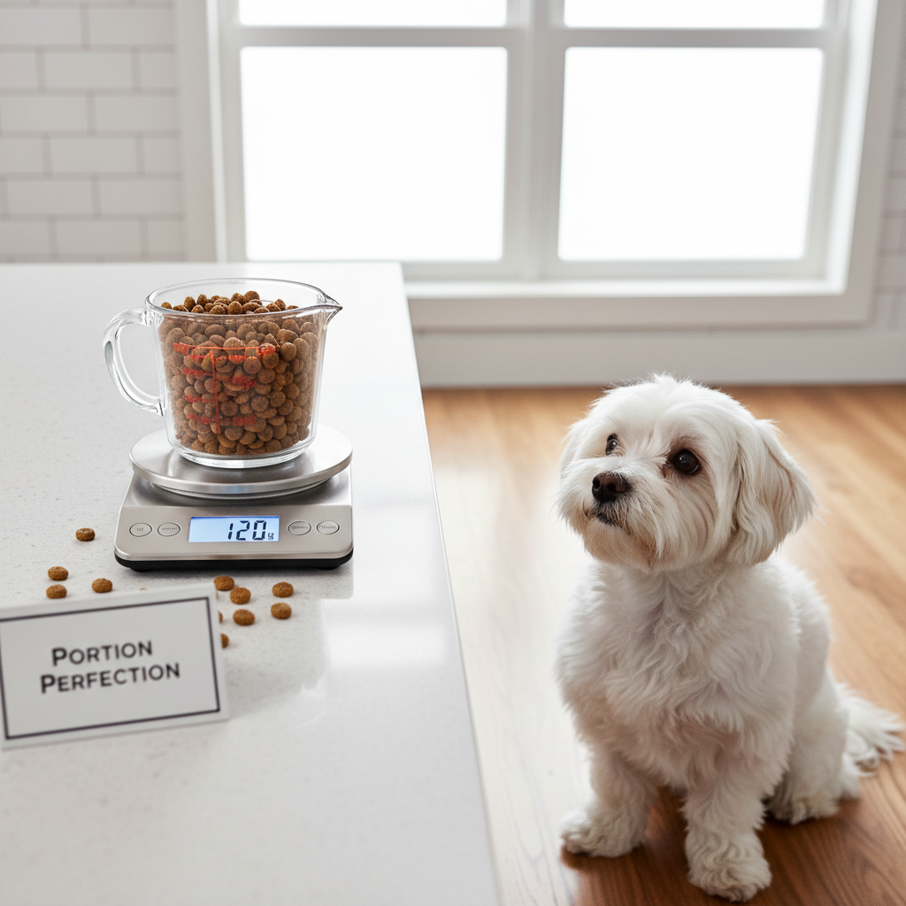 Measuring small breed dog food portions with a kitchen scale