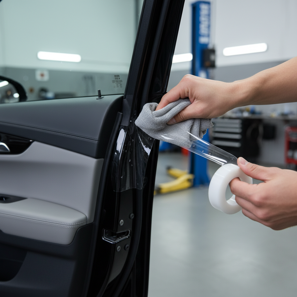 Applying adhesive door edge guard with firm pressure along the car door seam