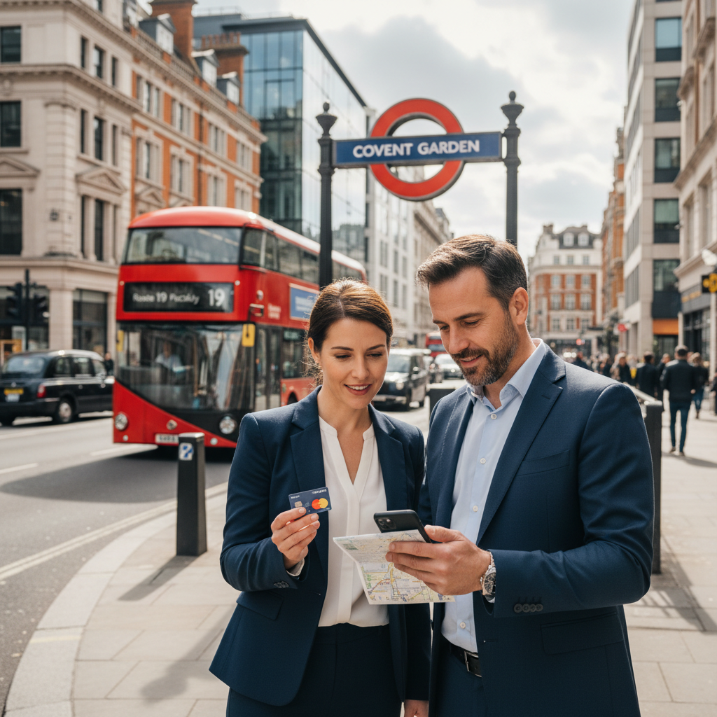 London street scene with travelers using contactless payment and a transit map