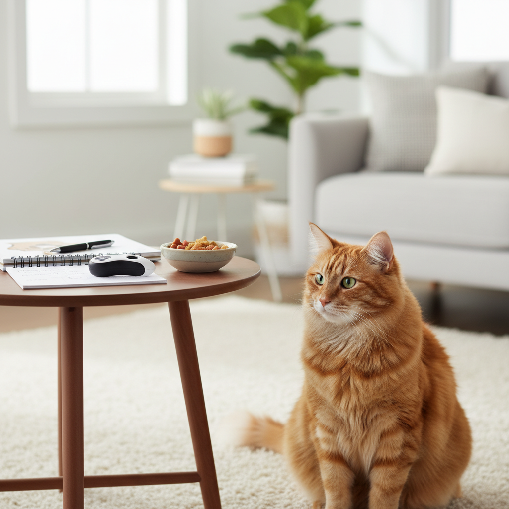 Short cat training session setup with treats and clicker on a table