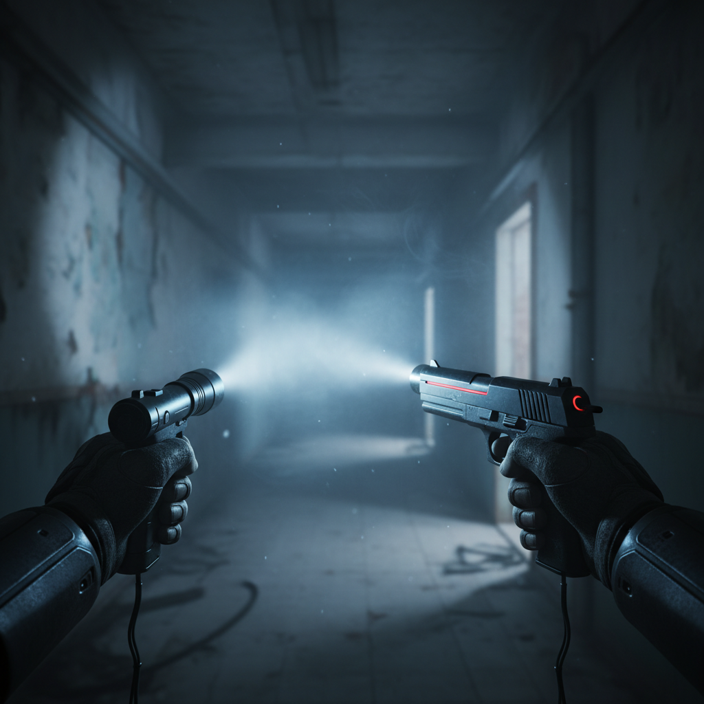 Close-up of VR controllers aimed like a flashlight in a dark horror hallway