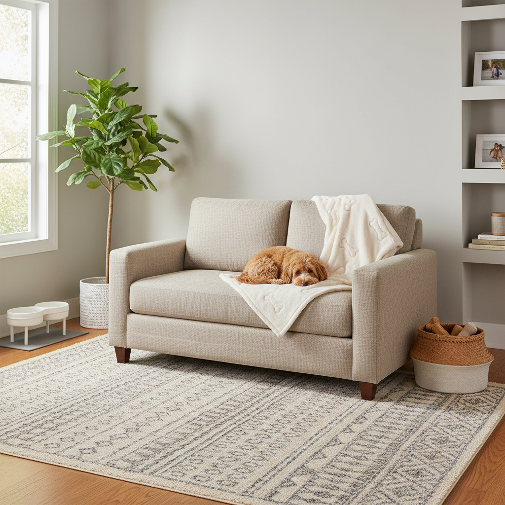 Small living room layout with dog-friendly sofa and washable rug