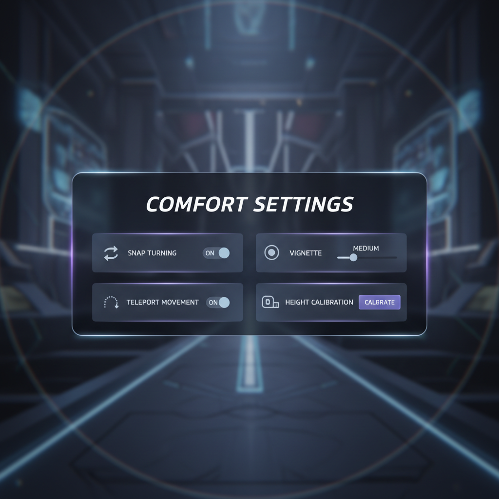 VR comfort settings menu showing snap turn, vignette, and movement options
