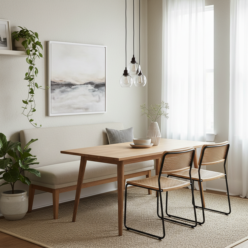 Apartment dining area with bench seating and slim chairs tucked under table