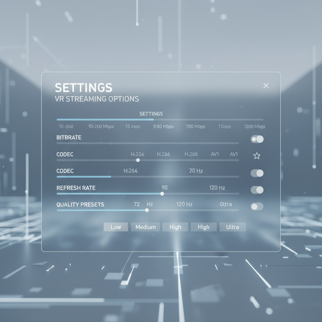 Virtual Desktop VR settings panel showing bitrate, codec, and refresh rate