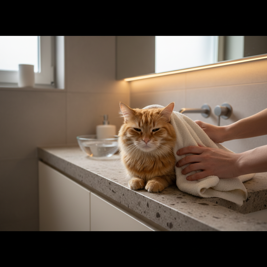 Owner towel-drying a cat gently after a low-stress bath