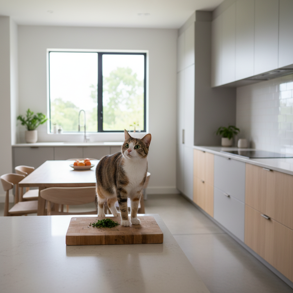 Cat standing on a kitchen counter near a cutting board, showing the common counter-jumping problem