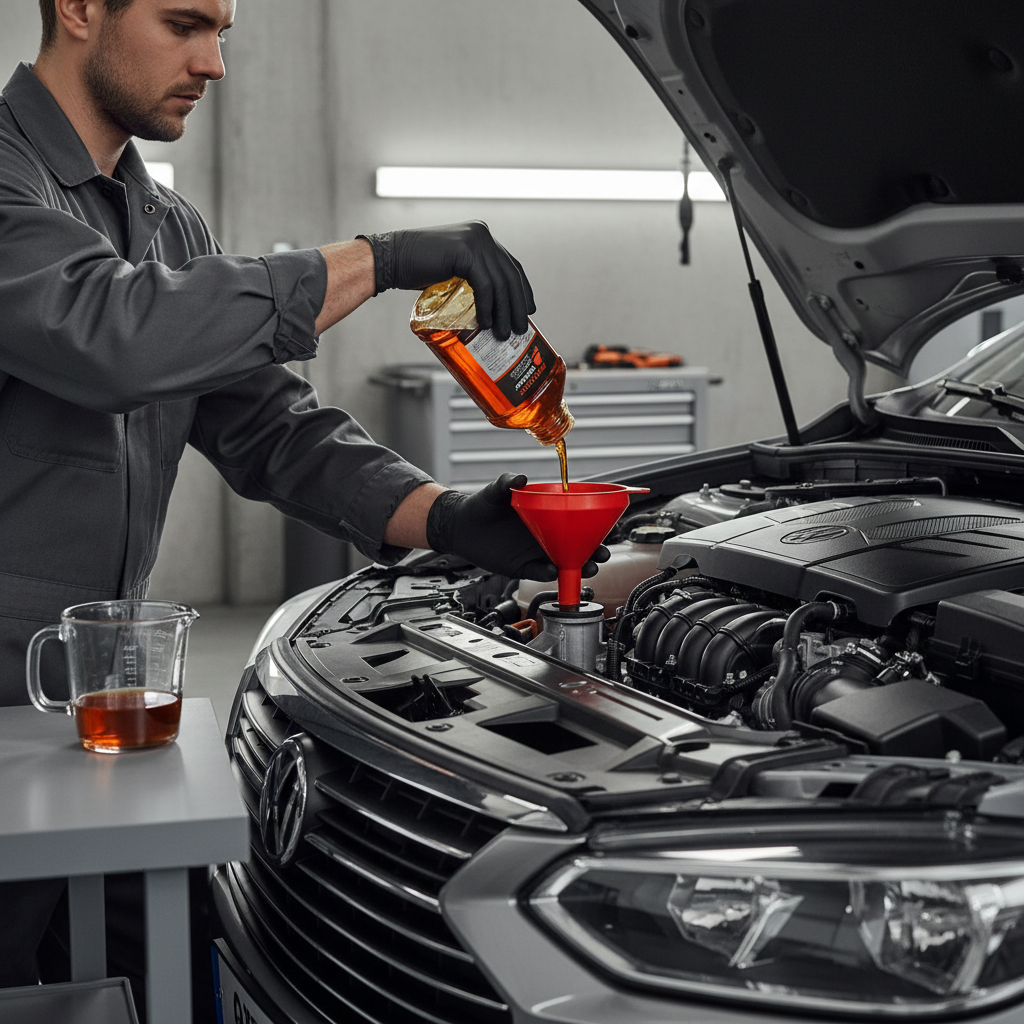 Pouring transmission fluid additive into funnel with labeled ATF bottle