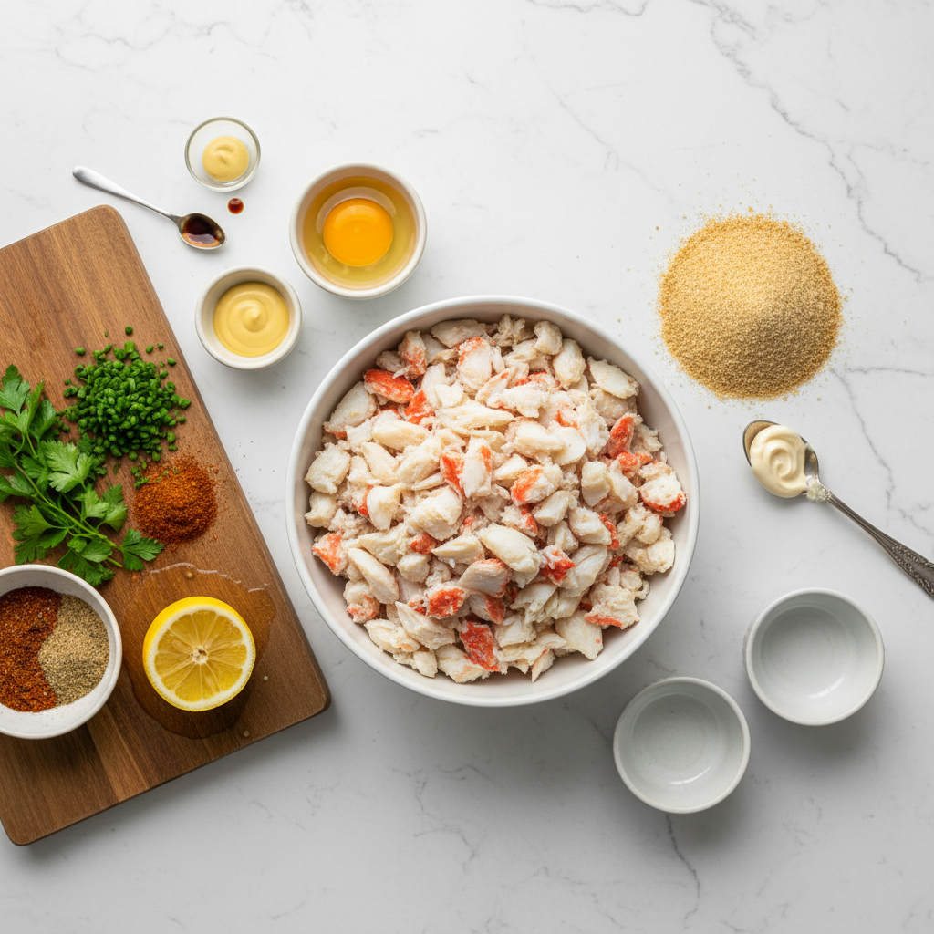 Crab cake ingredients measured on a kitchen counter with crab meat and panko