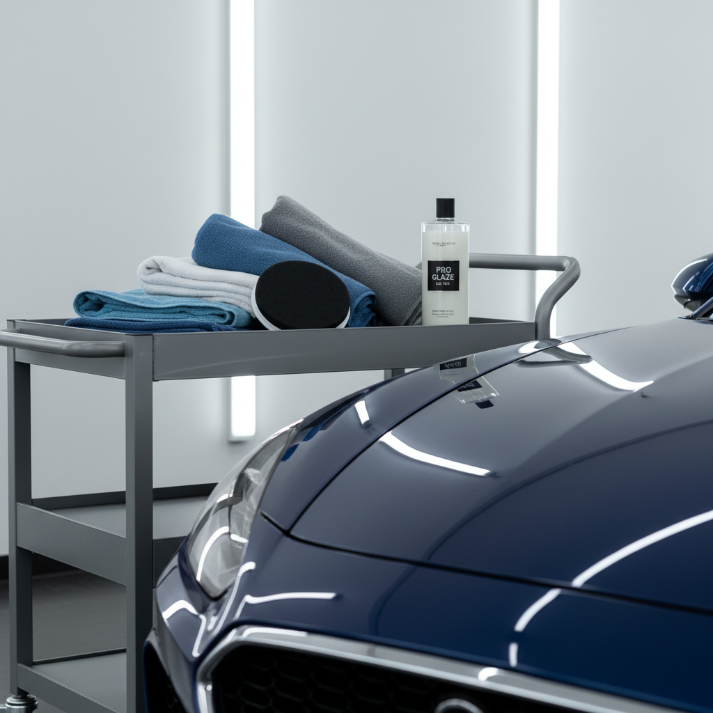 Microfiber towels and wax applicator next to a freshly polished car hood