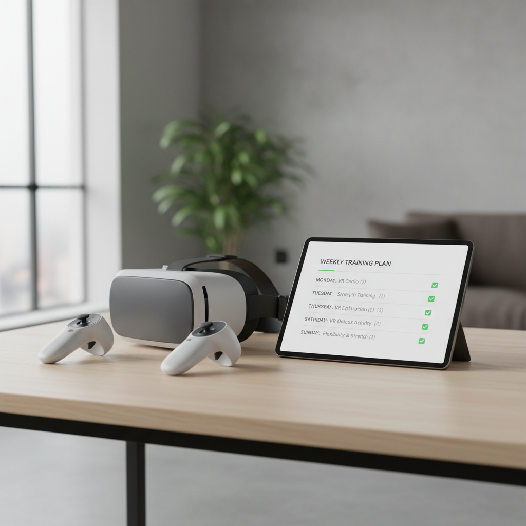 Simple weekly VR training plan on a tablet next to VR headset