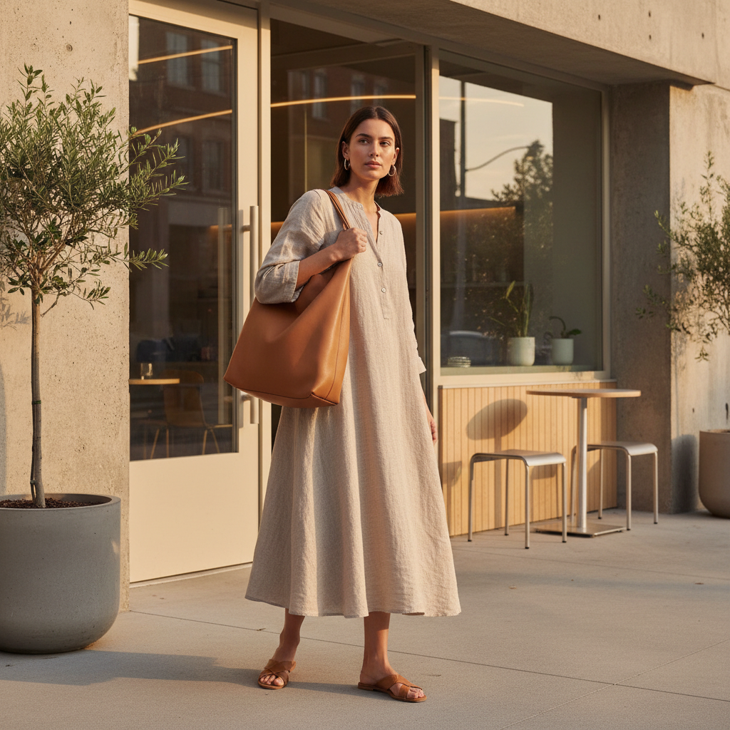 Minimalist casual cute look with tote bag, midi dress, and sandals