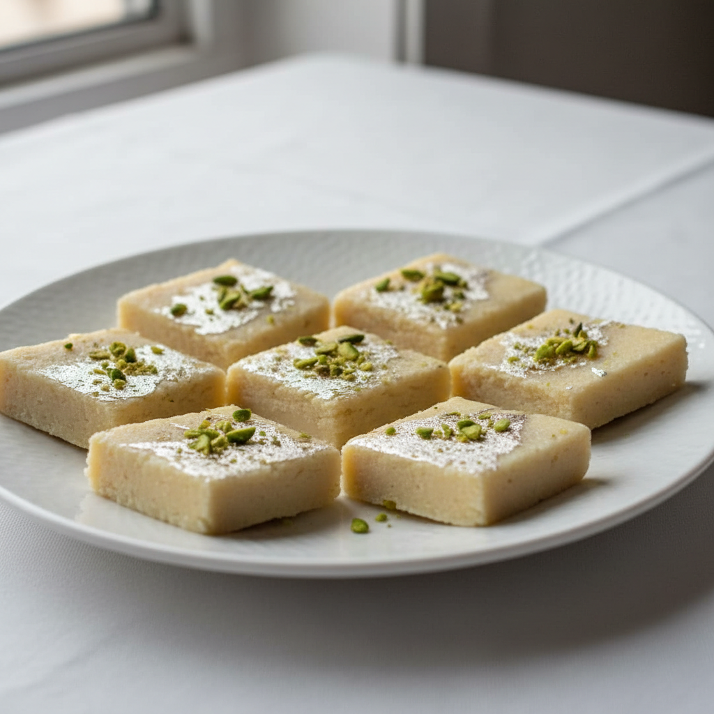 Mawa barfi squares garnished with pistachios on a serving plate