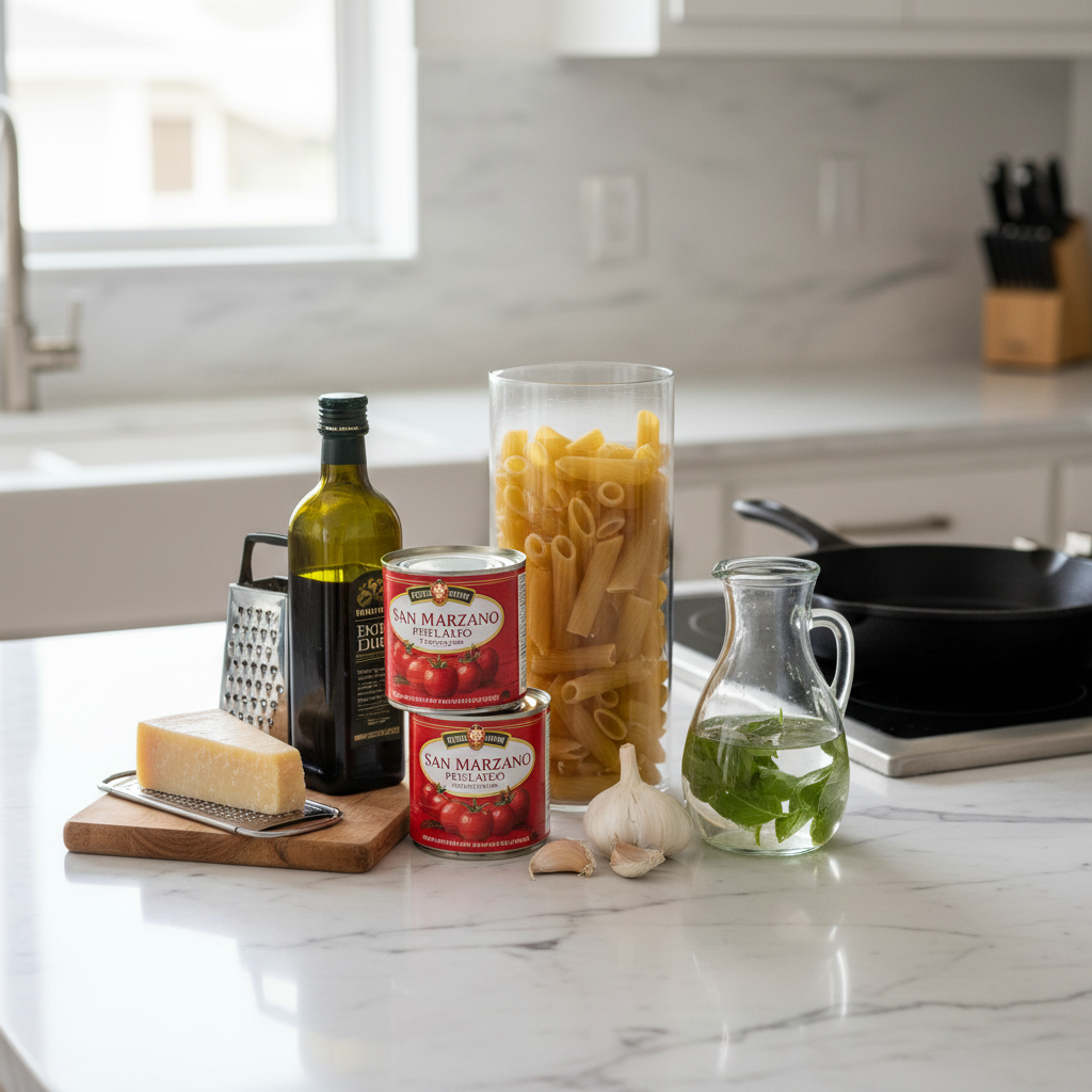 Easy weeknight pasta dinner ingredients on a kitchen counter