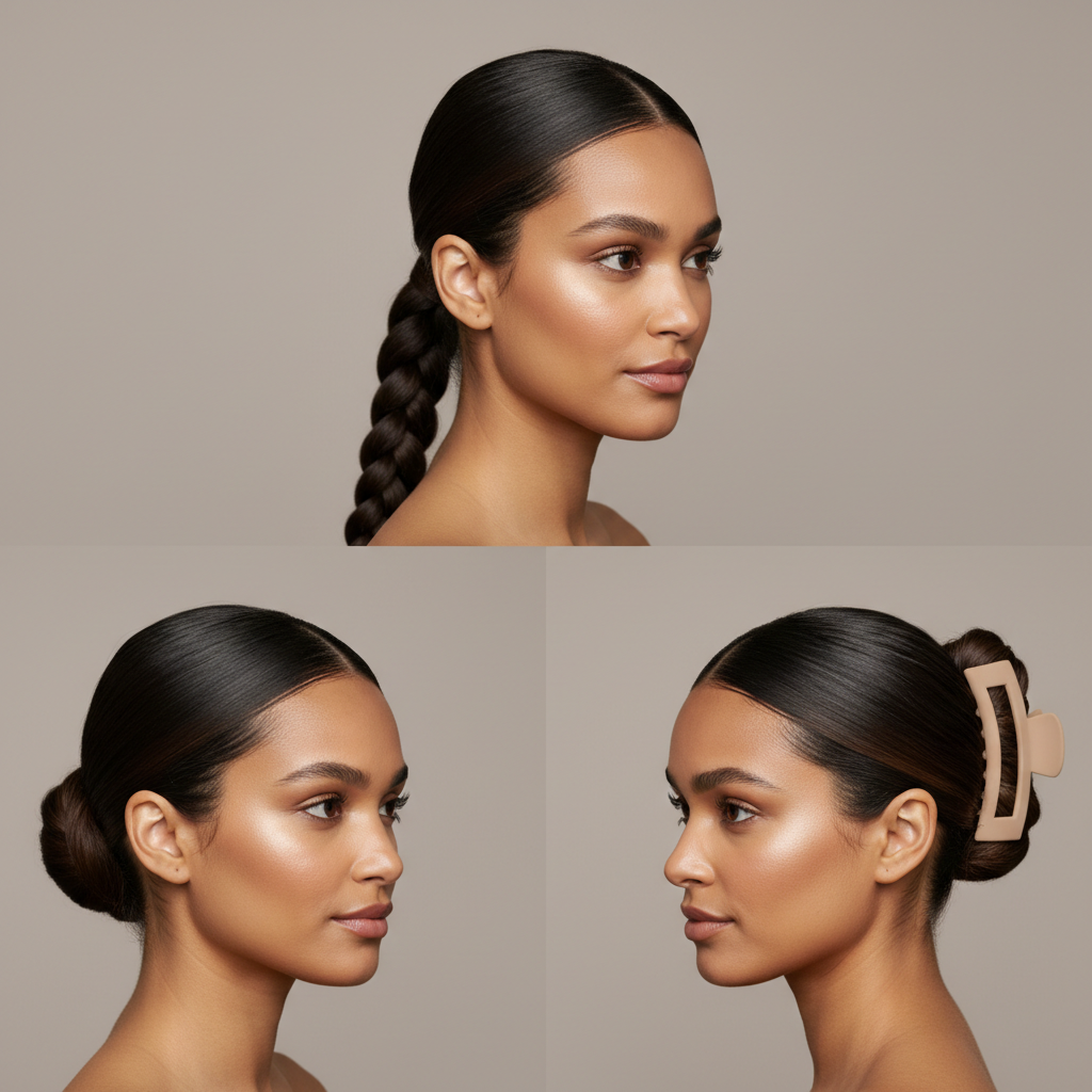 Quick travel hairstyles: braid, low bun, and claw clip twist collage