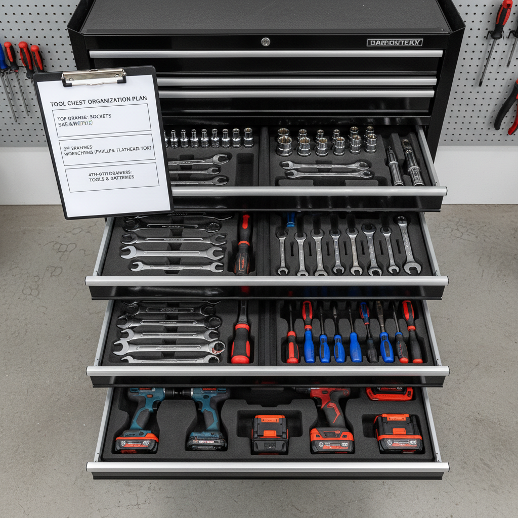 Tool chest drawer layout plan with zones for sockets, wrenches, and screwdrivers